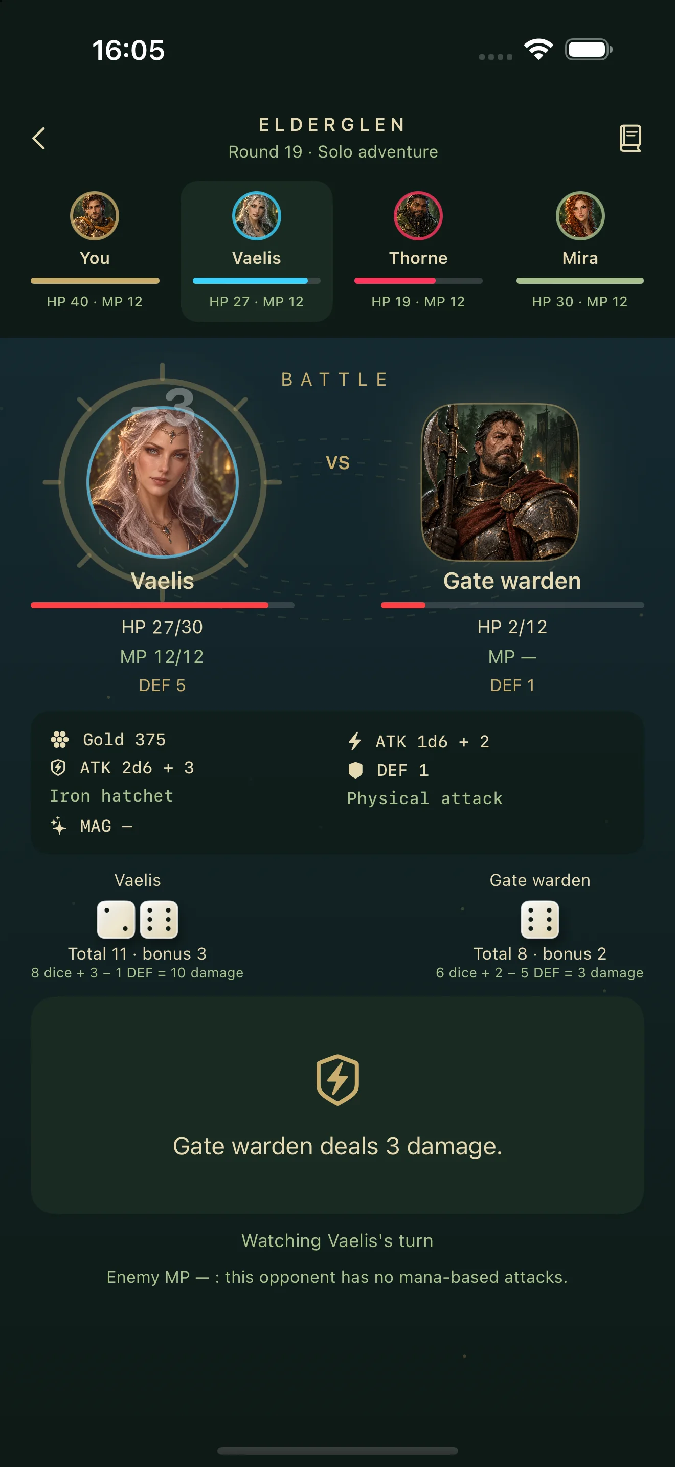 Vaelis battles a Gate warden with health, mana, individual dice and damage calculations visible