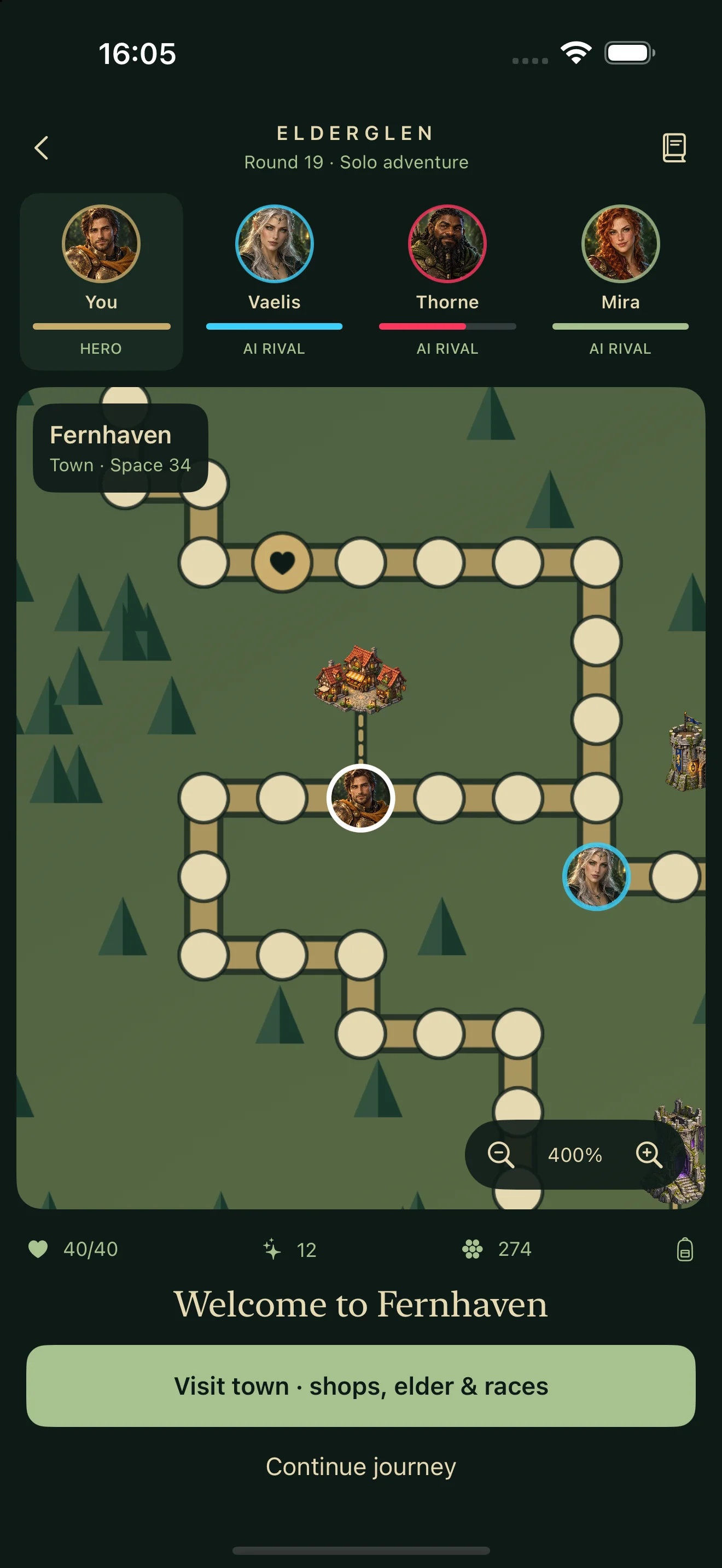 RuneMeister world map with four player portraits, branching paths and Fernhaven town