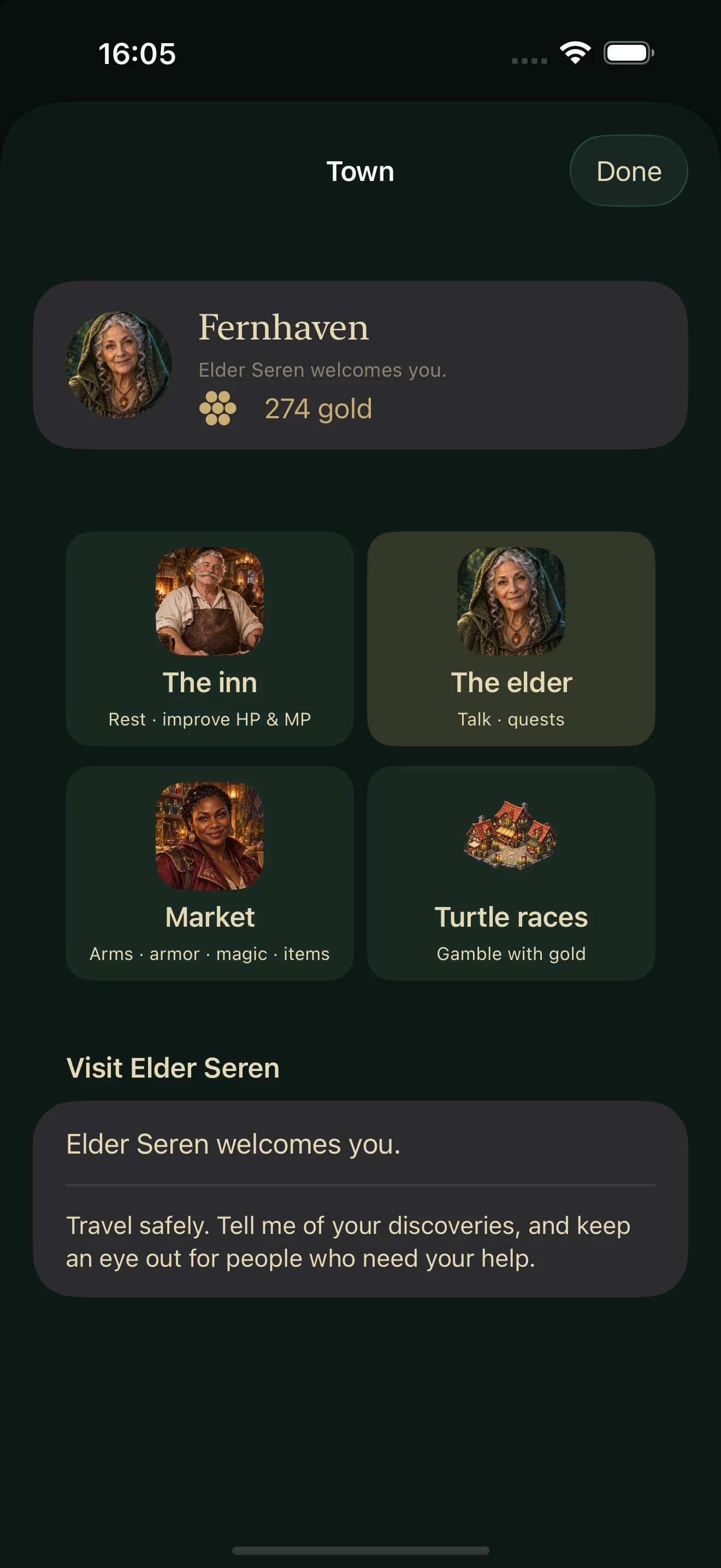 Fernhaven town offers an inn, elder quests, a market and turtle racing
