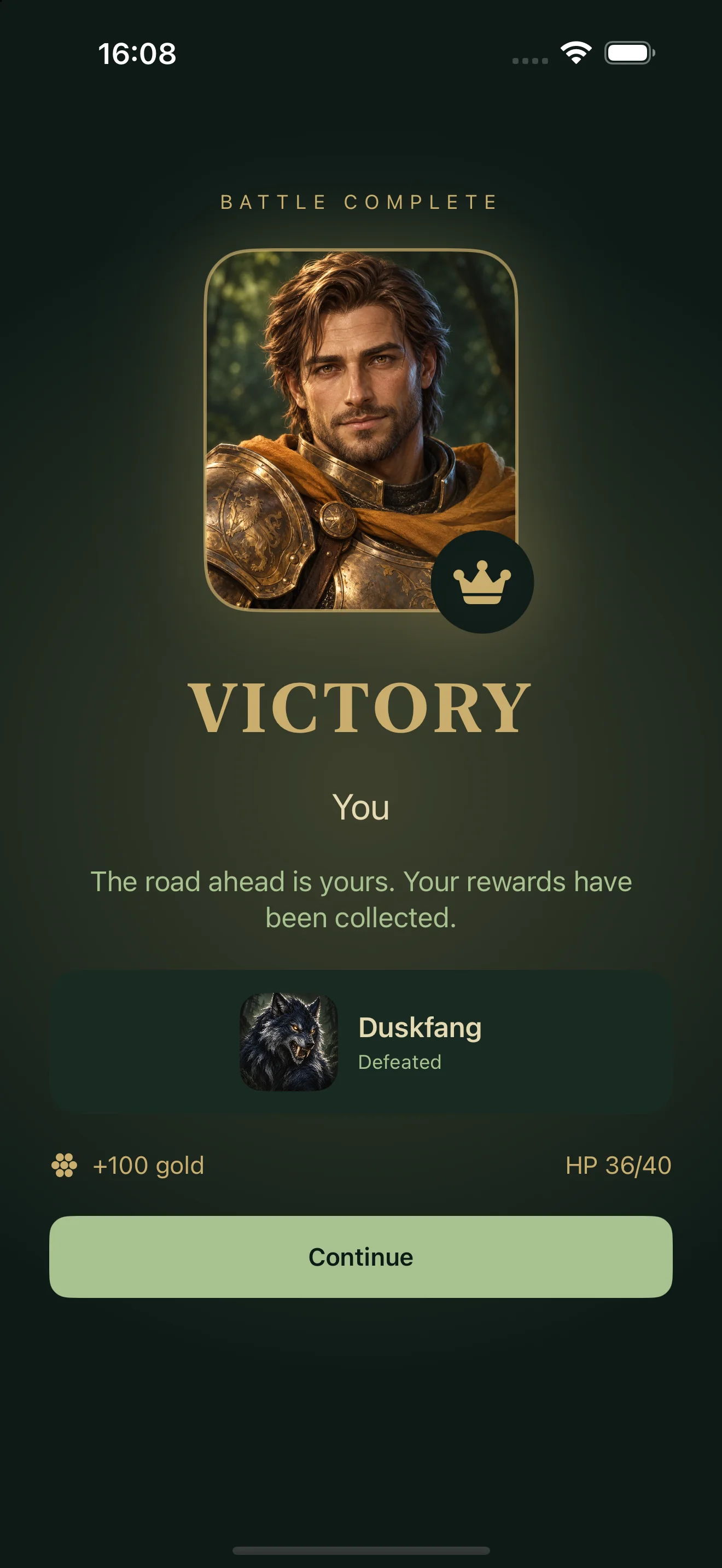 Victory screen showing a defeated Duskfang, remaining health and a gold reward